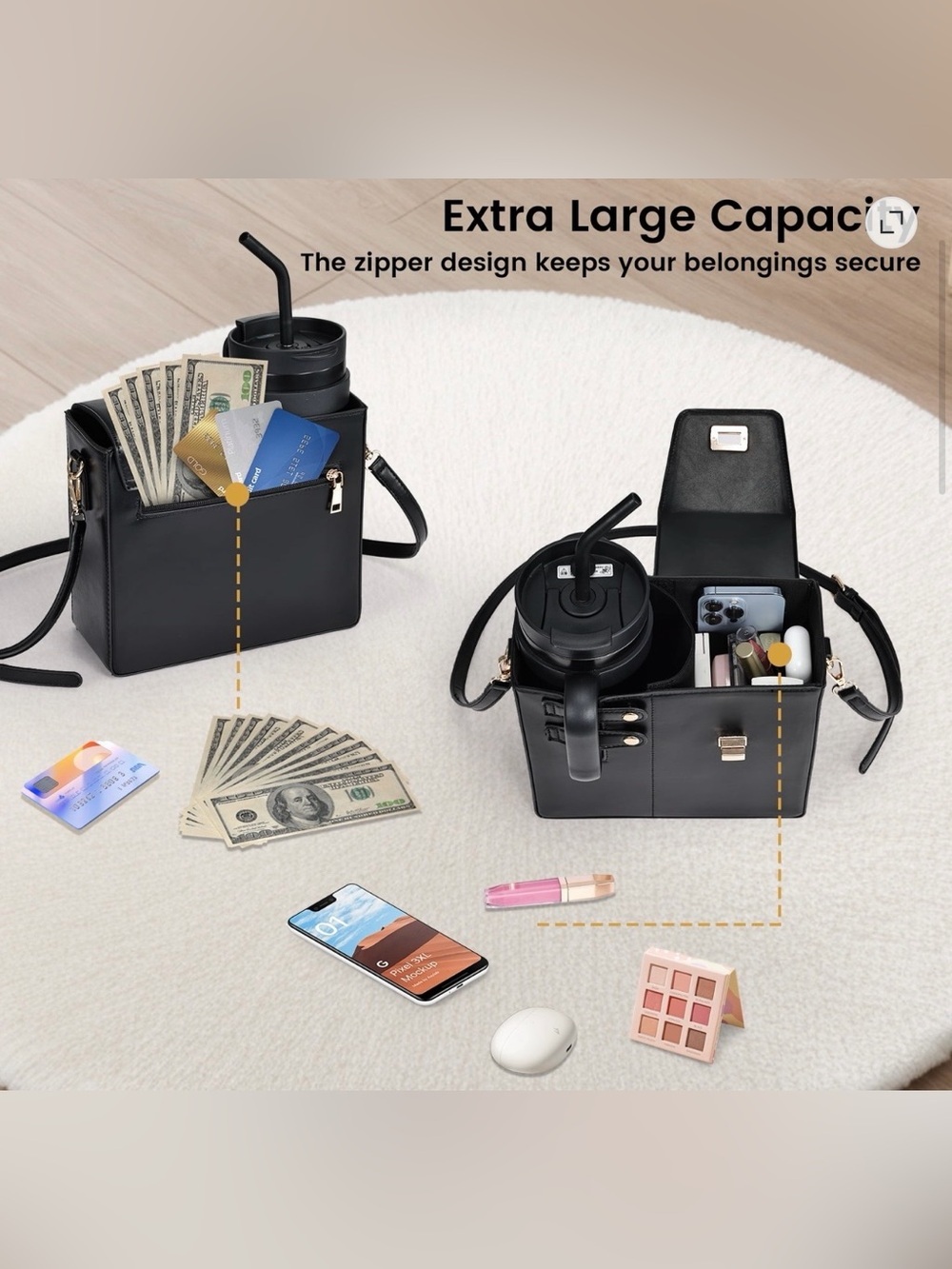Black Structured Crossbody Bag with Cup Holder - Picture 3 of 14